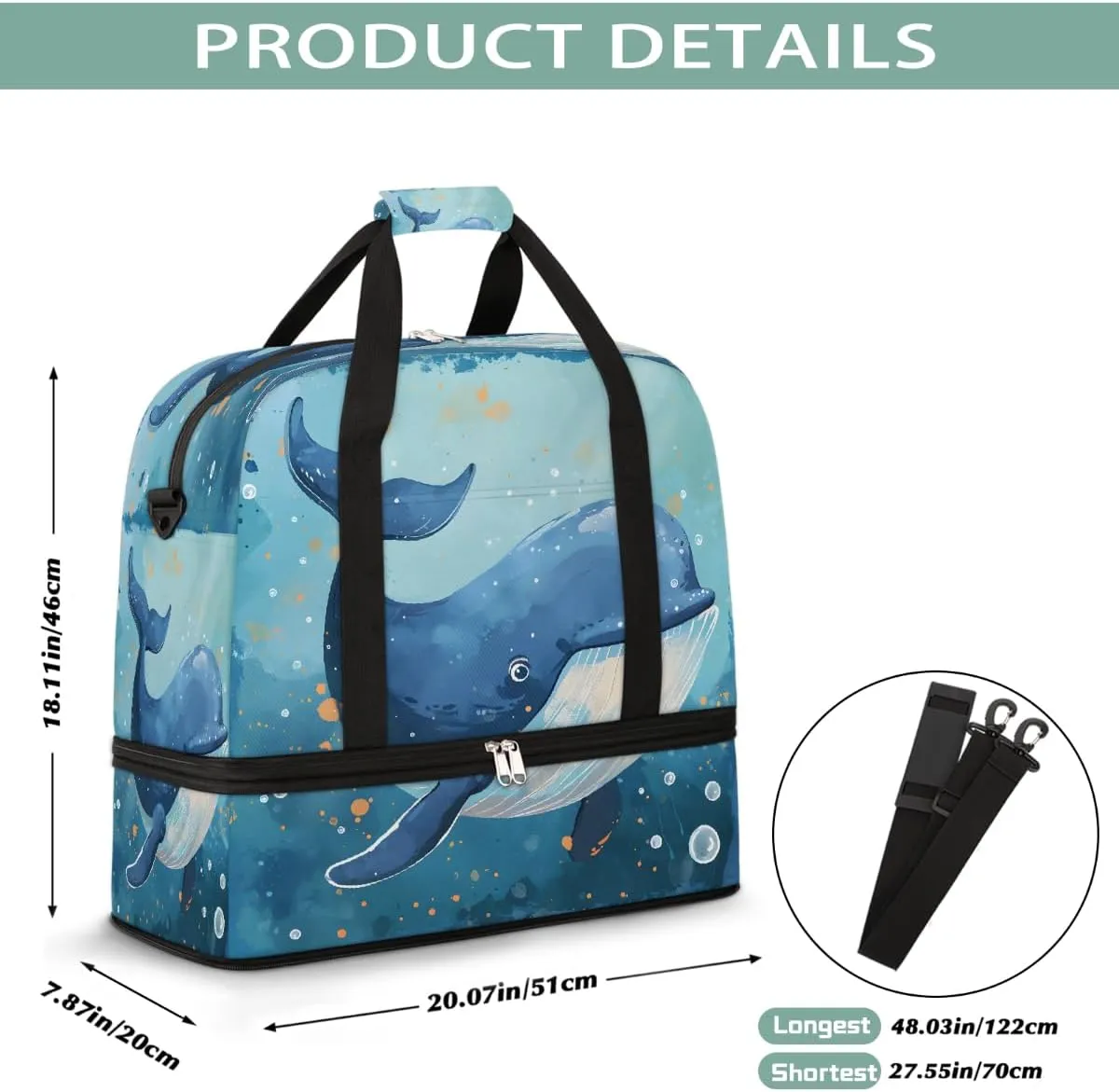 Sports Gym Bag Dolphin Ocean Oil Painting Large Travel Duffel Bag With Shoe Compartment Foldable Waterproof Carry-On Weekend Travel Bags for Camping Overnight Yoga Hospital Travel Bags