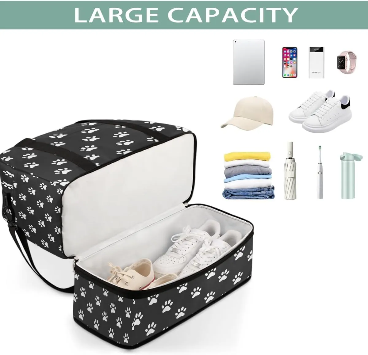 Sports Gym Bag Footprints Animal Large Travel Duffel Bag With Shoe Compartment Foldable Waterproof Carry-On Weekend Travel Bags for Camping Overnight Yoga Hospital Travel Bags