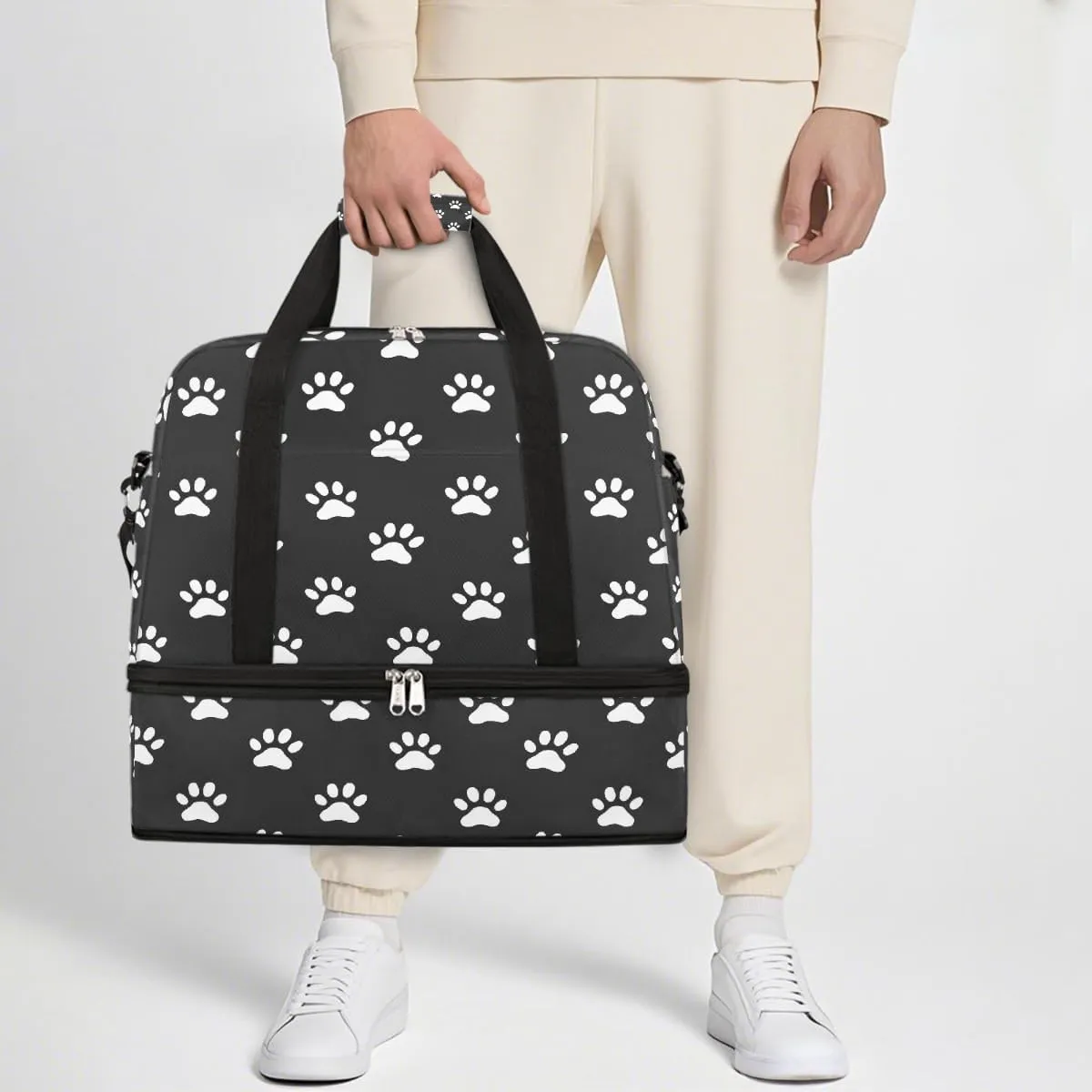 Sports Gym Bag Footprints Animal Large Travel Duffel Bag With Shoe Compartment Foldable Waterproof Carry-On Weekend Travel Bags for Camping Overnight Yoga Hospital Travel Bags