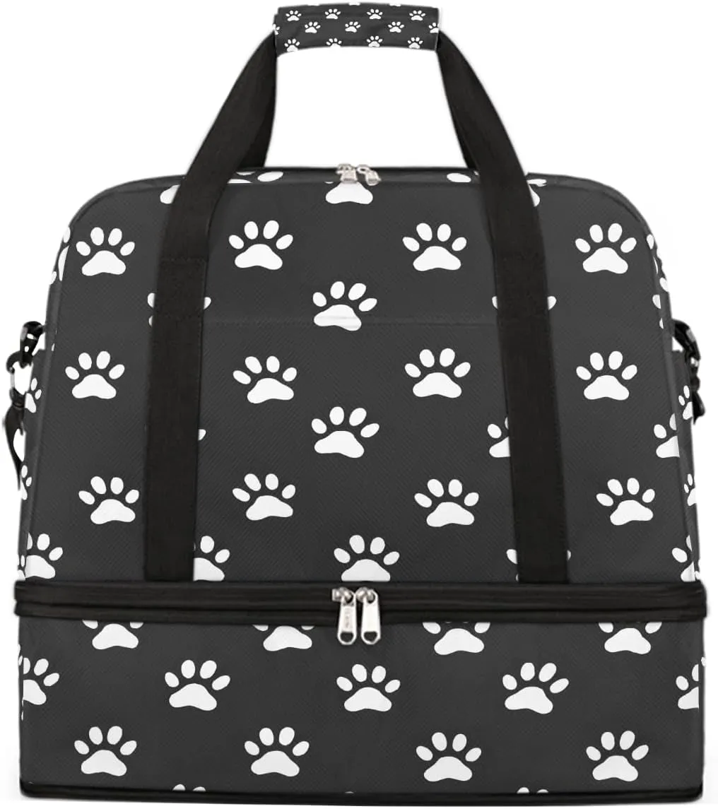 Sports Gym Bag Footprints Animal Large Travel Duffel Bag With Shoe Compartment Foldable Waterproof Carry-On Weekend Travel Bags for Camping Overnight Yoga Hospital Travel Bags