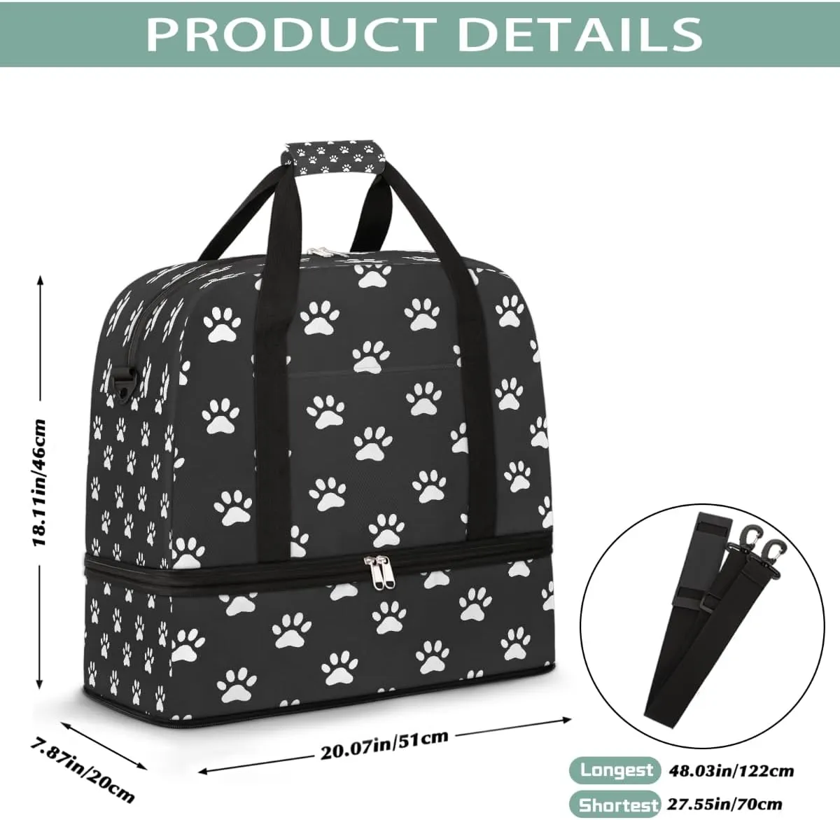 Sports Gym Bag Footprints Animal Large Travel Duffel Bag With Shoe Compartment Foldable Waterproof Carry-On Weekend Travel Bags for Camping Overnight Yoga Hospital Travel Bags