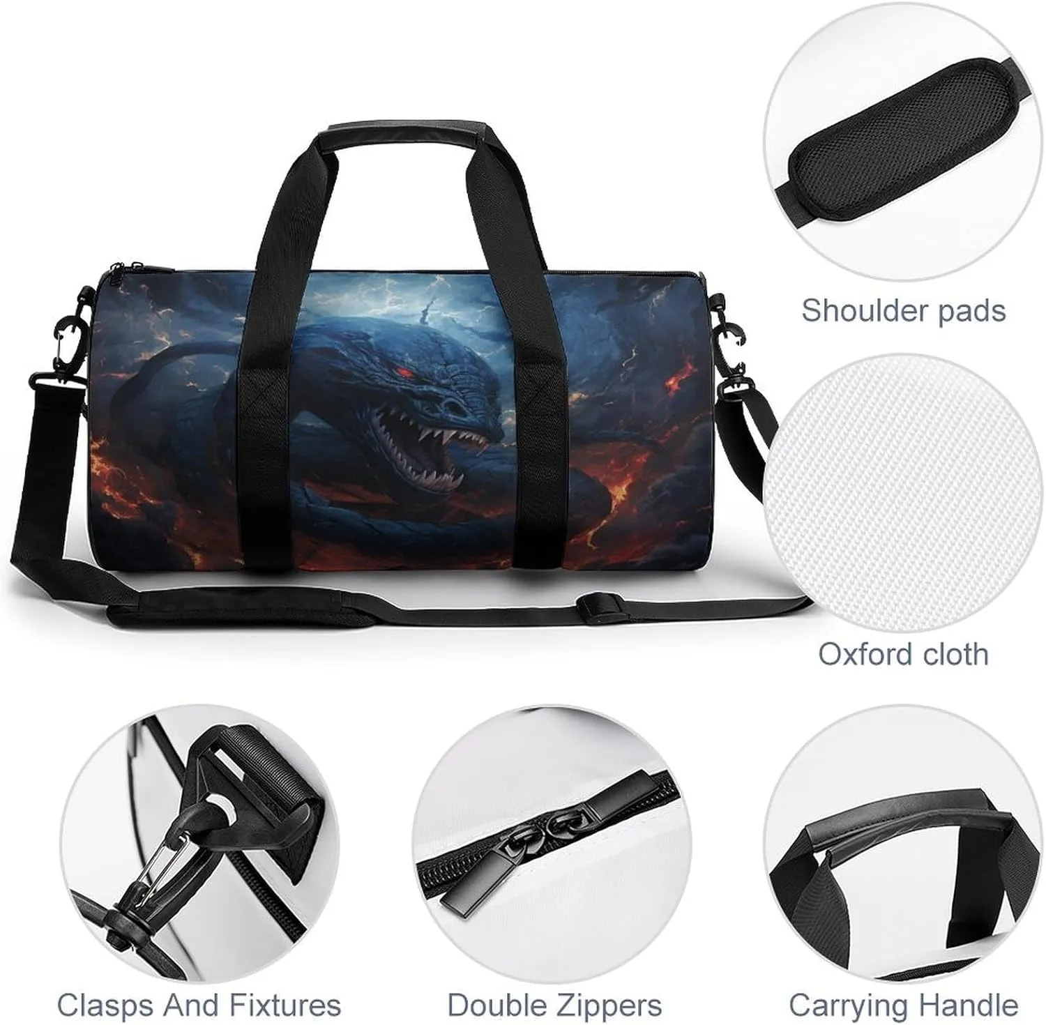 Sports Gym Bag for Women Men Travel Duffel Bag Tote Weekender Bag Black Snake in Flames Carry on Overnight Bag for Travel Swimming Fitness Workout Sports Duffle Bag