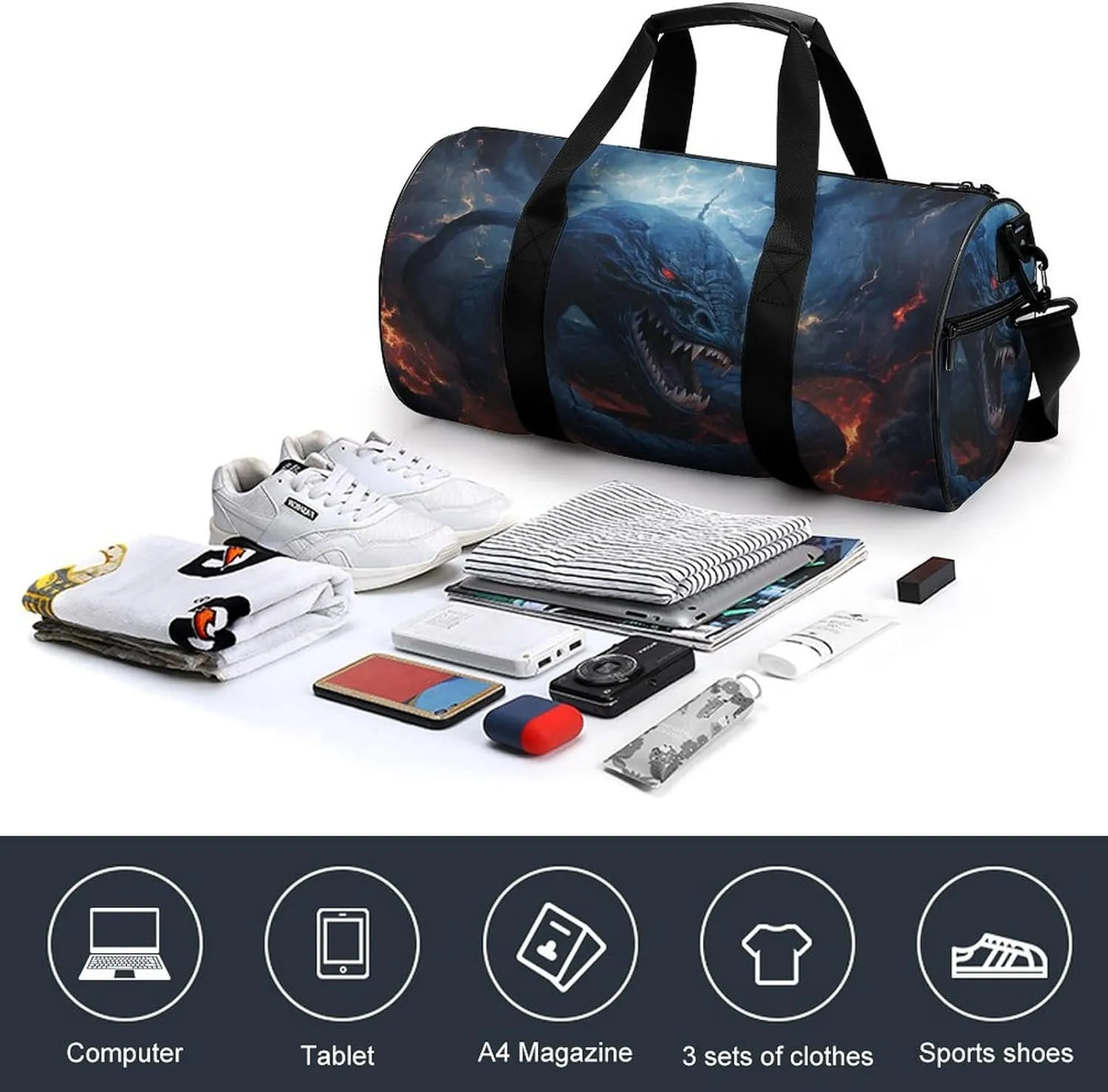 Sports Gym Bag for Women Men Travel Duffel Bag Tote Weekender Bag Black Snake in Flames Carry on Overnight Bag for Travel Swimming Fitness Workout Sports Duffle Bag