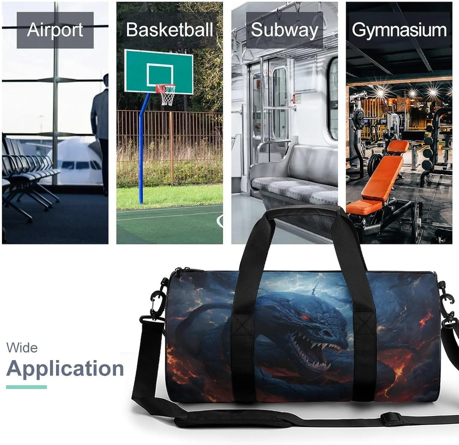 Sports Gym Bag for Women Men Travel Duffel Bag Tote Weekender Bag Black Snake in Flames Carry on Overnight Bag for Travel Swimming Fitness Workout Sports Duffle Bag