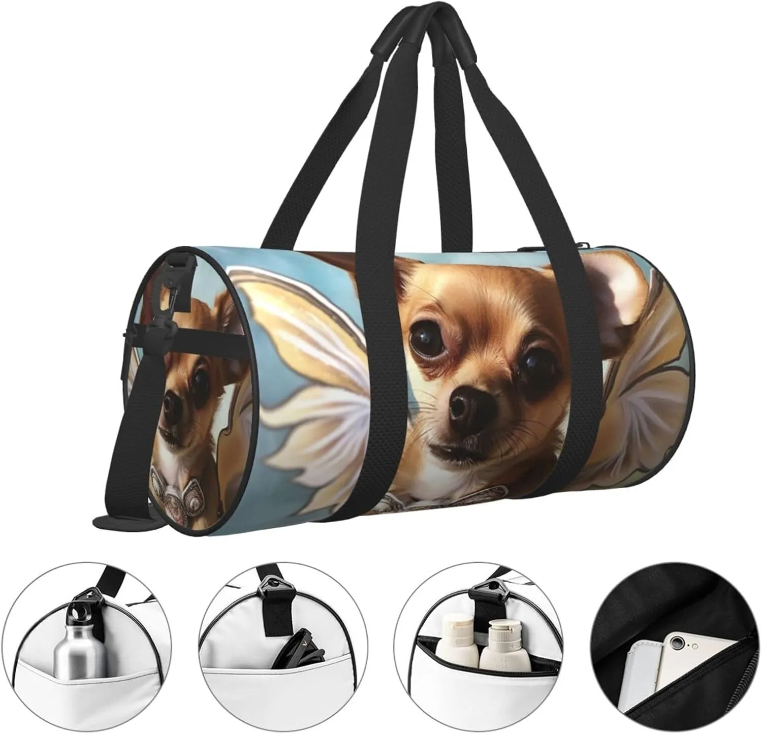 Sports Gym Bag for Women Men Travel Duffel Bag Tote Weekender Bag Carry on Overnight Bag for Travel Swimming Fitness Workout Sports Brown Chihuahua Angel Wings Duffle Bag