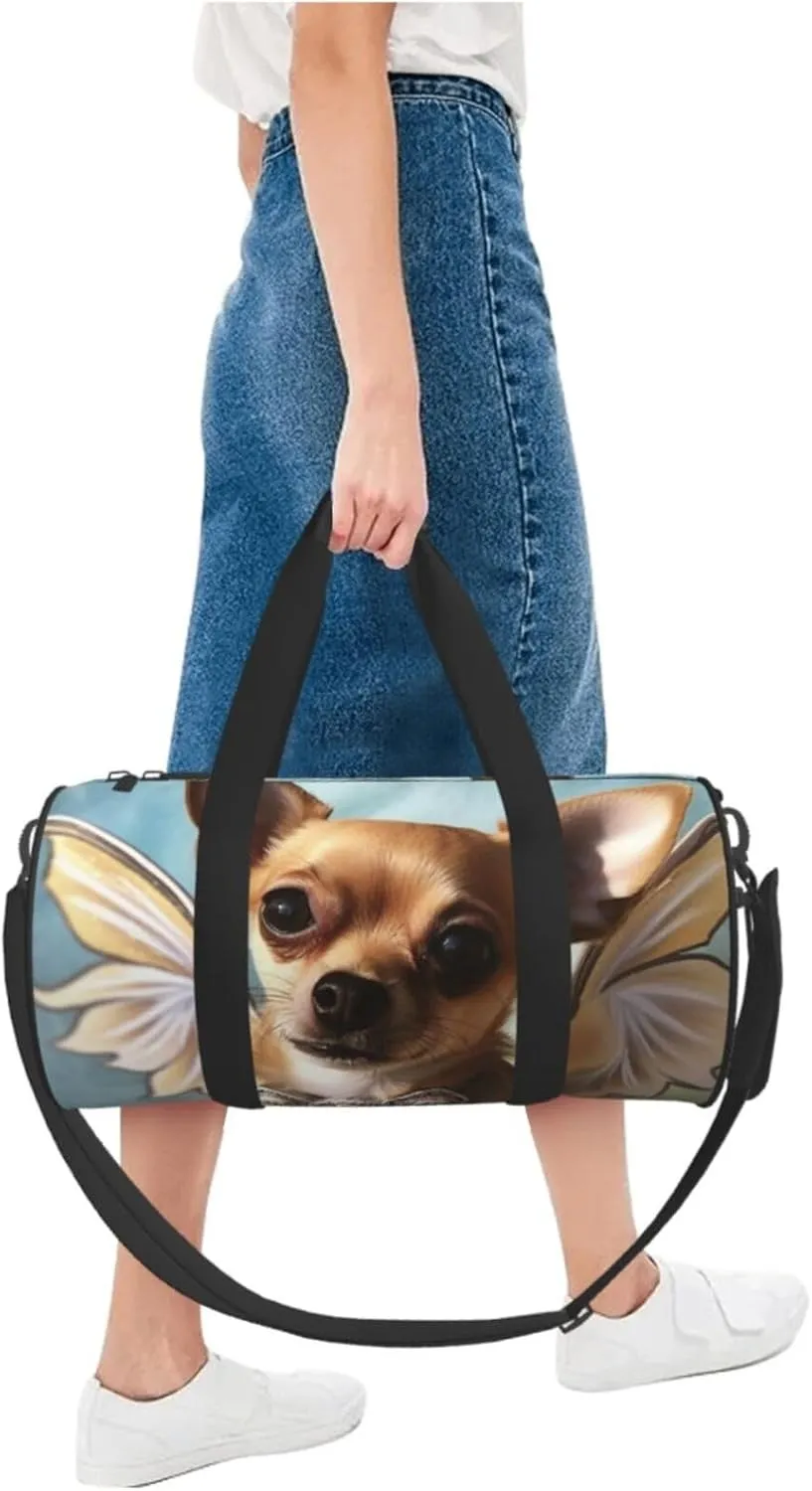 Sports Gym Bag for Women Men Travel Duffel Bag Tote Weekender Bag Carry on Overnight Bag for Travel Swimming Fitness Workout Sports Brown Chihuahua Angel Wings Duffle Bag