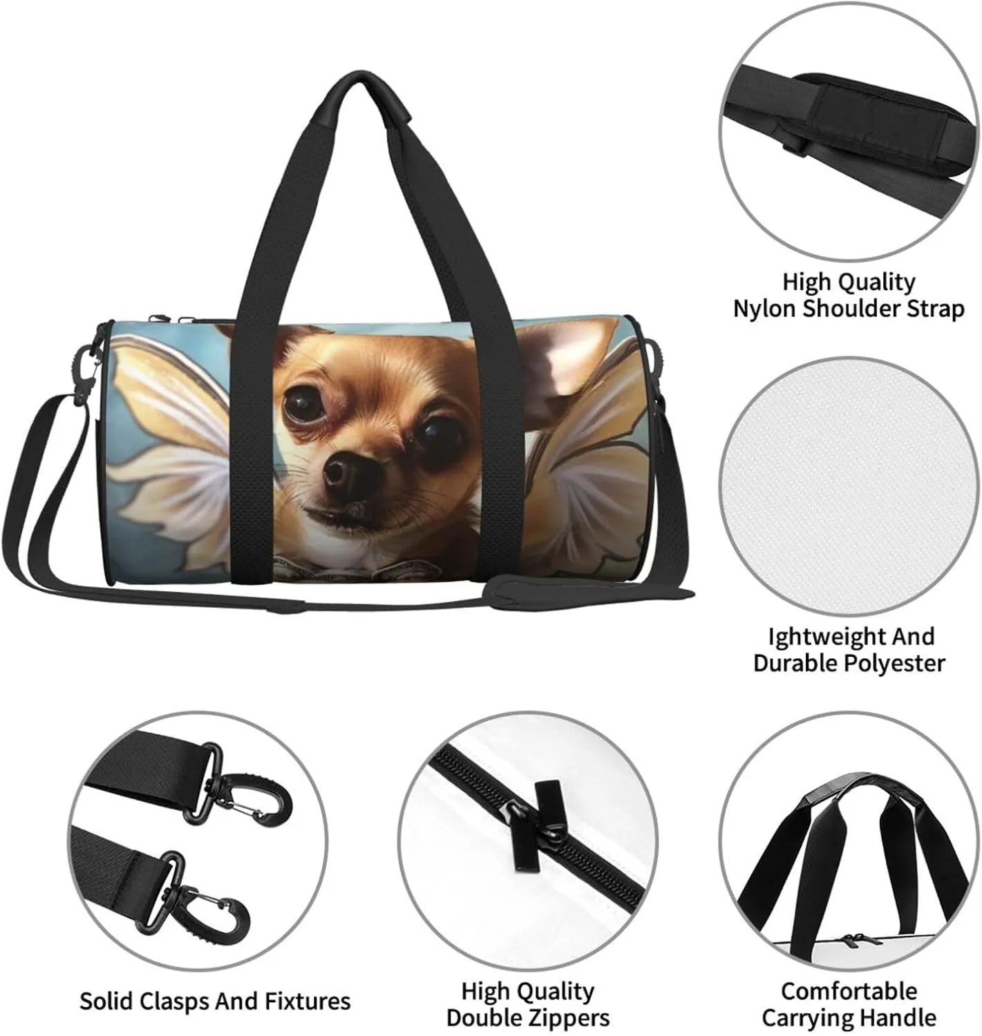 Sports Gym Bag for Women Men Travel Duffel Bag Tote Weekender Bag Carry on Overnight Bag for Travel Swimming Fitness Workout Sports Brown Chihuahua Angel Wings Duffle Bag