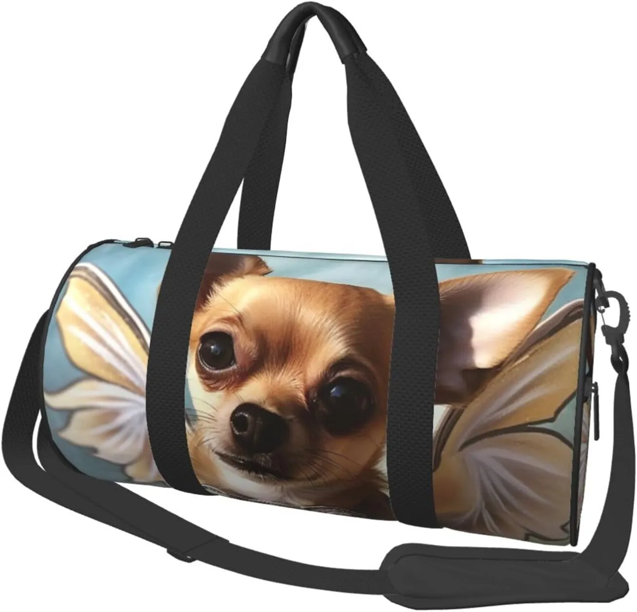 Sports Gym Bag for Women Men Travel Duffel Bag Tote Weekender Bag Carry on Overnight Bag for Travel Swimming Fitness Workout Sports Brown Chihuahua Angel Wings Duffle Bag