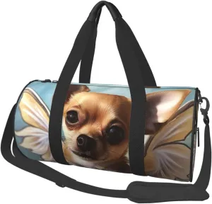 Sports Gym Bag for Women Men Travel Duffel Bag Tote Weekender Bag Carry on Overnight Bag for Travel Swimming Fitness Workout Sports Brown Chihuahua Angel Wings Duffle Bag
