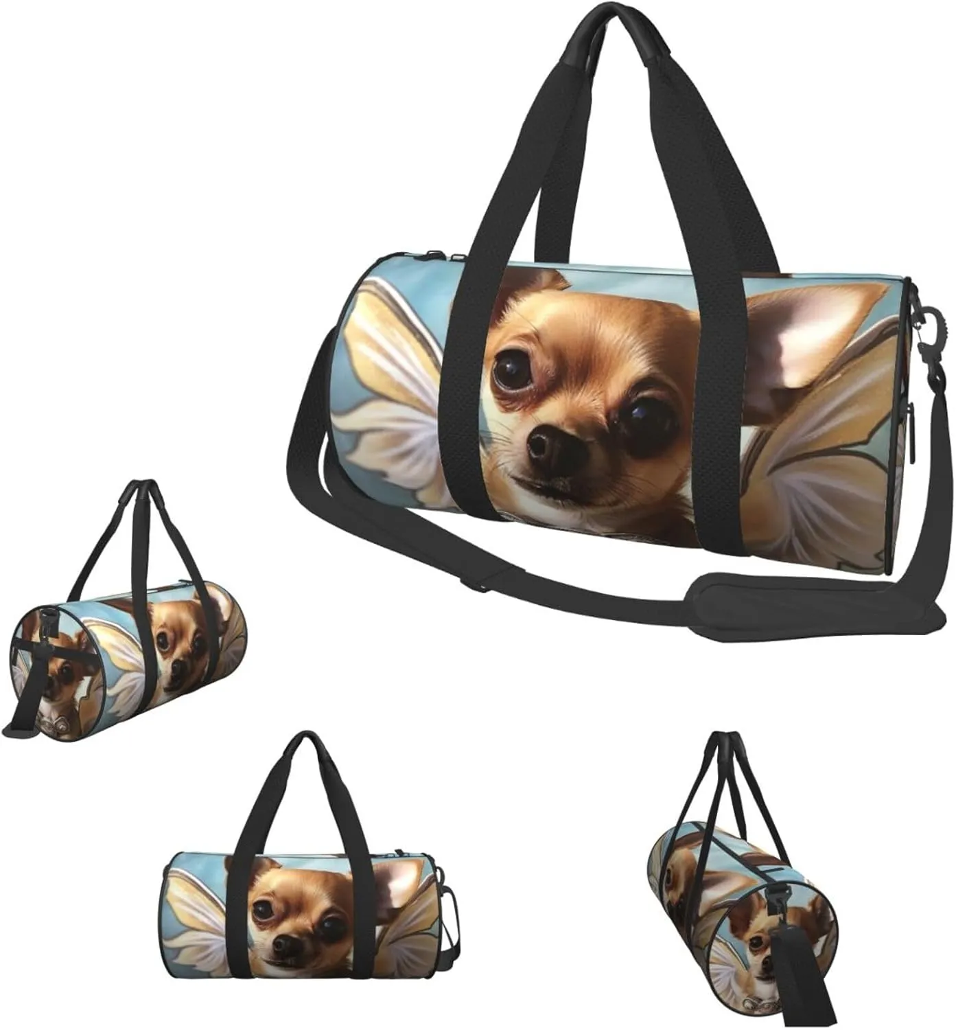 Sports Gym Bag for Women Men Travel Duffel Bag Tote Weekender Bag Carry on Overnight Bag for Travel Swimming Fitness Workout Sports Brown Chihuahua Angel Wings Duffle Bag