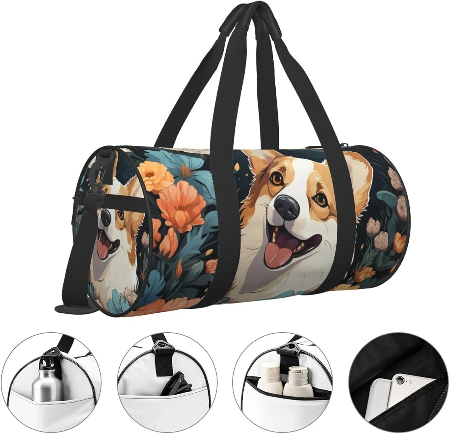 Sports Gym Bag for Women Men Travel Duffel Bag Tote Weekender Bag Carry on Overnight Bag for Travel Swimming Fitness Workout Sports Corgi Pattern Duffle Bag