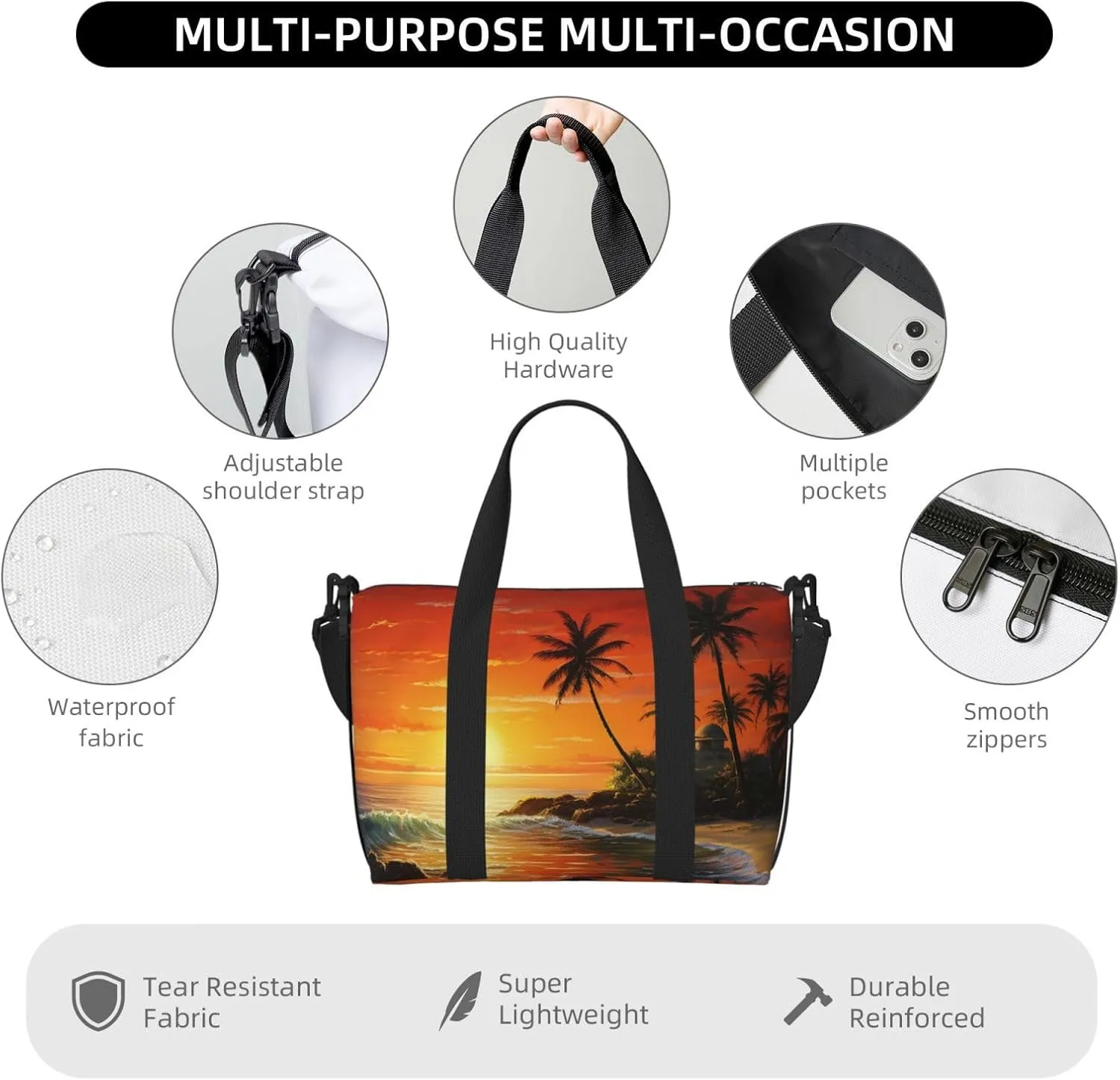 Sports Gym Bag for Women Men Travel Duffel Bag Tote Weekender Bag Carry on Overnight Bag for Travel Swimming Fitness Workout Sports Palm tree sun landscape Duffle Bag