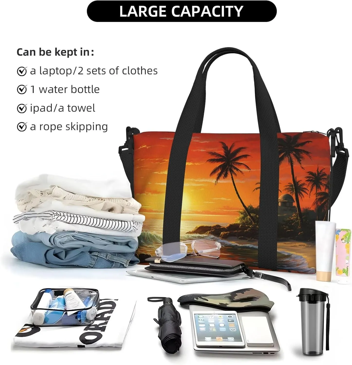 Sports Gym Bag for Women Men Travel Duffel Bag Tote Weekender Bag Carry on Overnight Bag for Travel Swimming Fitness Workout Sports Palm tree sun landscape Duffle Bag