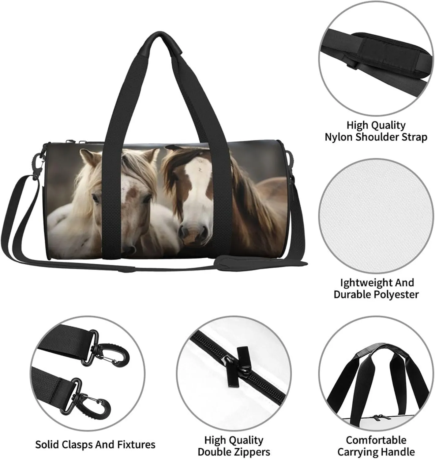Sports Gym Bag for Women Men Travel Duffel Bag Tote Weekender Bag Carry on Overnight Bag for Travel Swimming Fitness Workout Sports Two horses Duffle Bag
