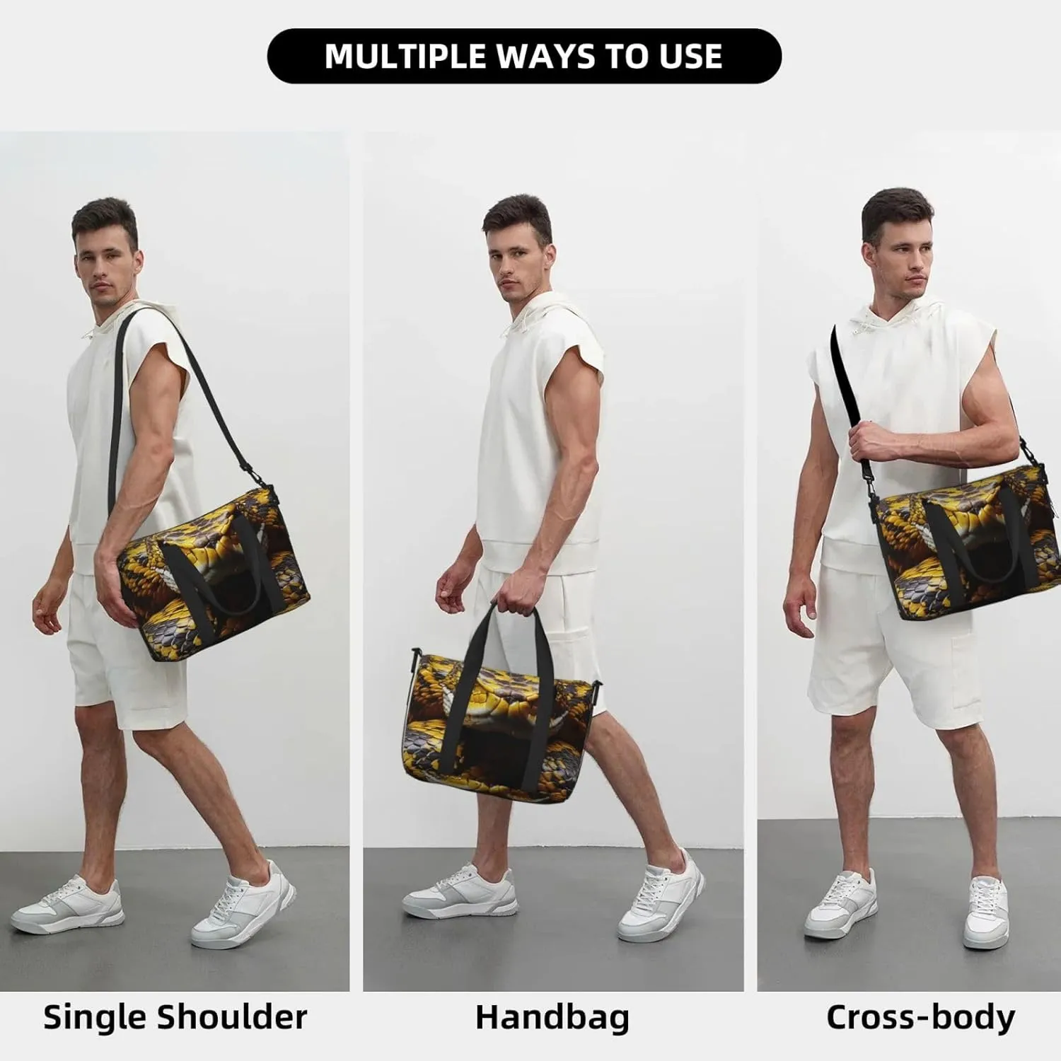 Sports Gym Bag for Women Men Travel Duffel Bag Tote Yellow Snake Weekender Bag Canvas Carry on Overnight Bag for Travel Swimming Fitness Workout Sports Duffle Bag