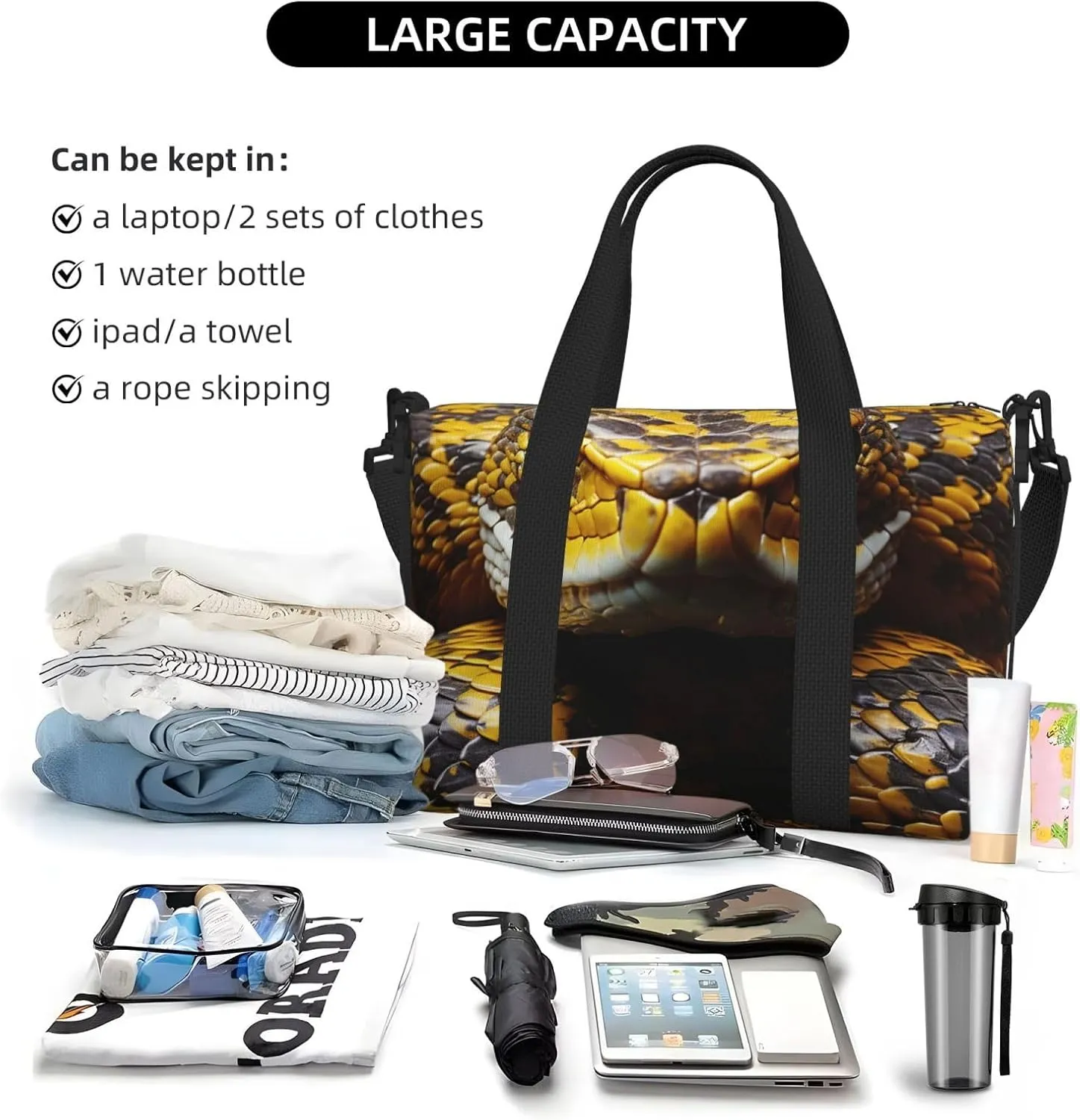 Sports Gym Bag for Women Men Travel Duffel Bag Tote Yellow Snake Weekender Bag Canvas Carry on Overnight Bag for Travel Swimming Fitness Workout Sports Duffle Bag