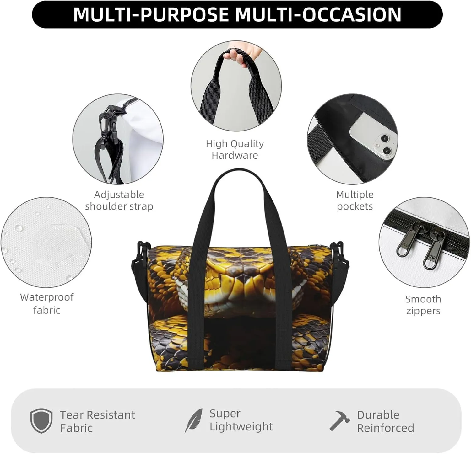 Sports Gym Bag for Women Men Travel Duffel Bag Tote Yellow Snake Weekender Bag Canvas Carry on Overnight Bag for Travel Swimming Fitness Workout Sports Duffle Bag