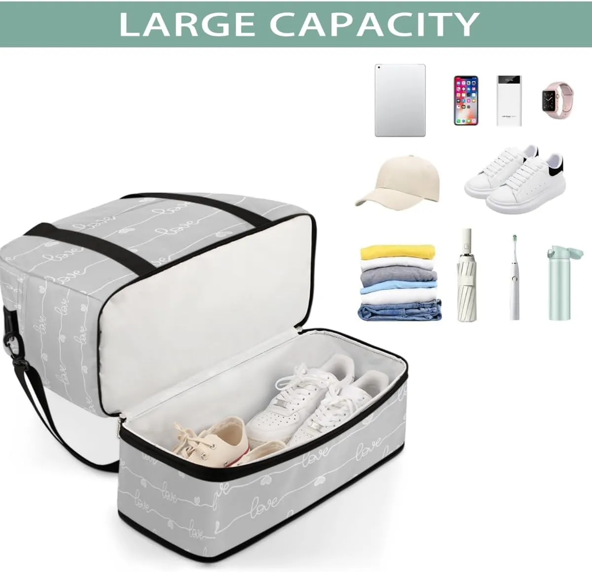 Sports Gym Bag Love Character Large Travel Duffel Bag With Shoe Compartment Foldable Waterproof Carry-On Weekend Travel Bags for Camping Overnight Yoga Hospital Travel Bags