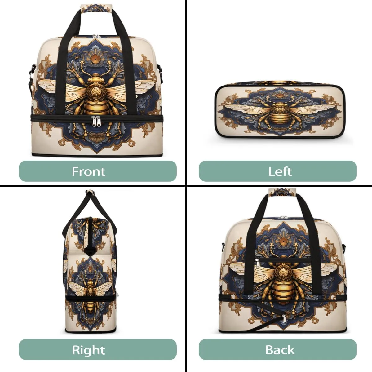 Sports Gym Bag Retro Bee Flower Large Travel Duffel Bag With Shoe Compartment Foldable Waterproof Carry-On Weekend Travel Bags for Camping Overnight Yoga Hospital Travel Bags