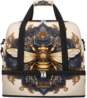 Sports Gym Bag Retro Bee Flower Large Travel Duffel Bag With Shoe Compartment Foldable Waterproof Carry-On Weekend Travel Bags for Camping Overnight Yoga Hospital Travel Bags