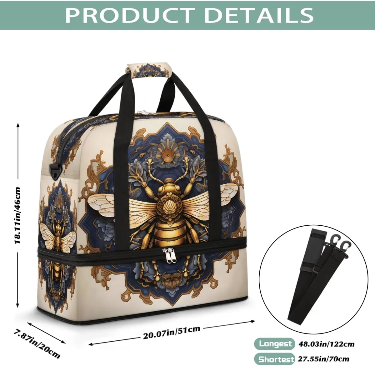 Sports Gym Bag Retro Bee Flower Large Travel Duffel Bag With Shoe Compartment Foldable Waterproof Carry-On Weekend Travel Bags for Camping Overnight Yoga Hospital Travel Bags