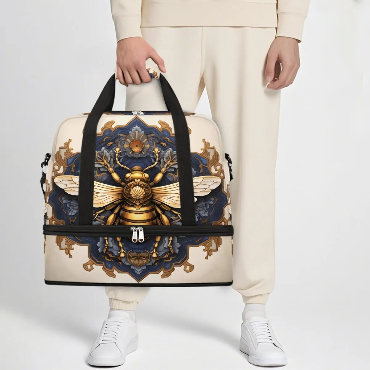 Sports Gym Bag Retro Bee Flower Large Travel Duffel Bag With Shoe Compartment Foldable Waterproof Carry-On Weekend Travel Bags for Camping Overnight Yoga Hospital Travel Bags
