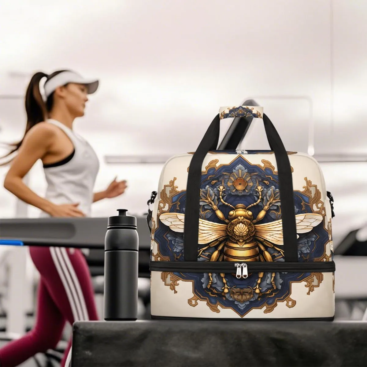 Sports Gym Bag Retro Bee Flower Large Travel Duffel Bag With Shoe Compartment Foldable Waterproof Carry-On Weekend Travel Bags for Camping Overnight Yoga Hospital Travel Bags
