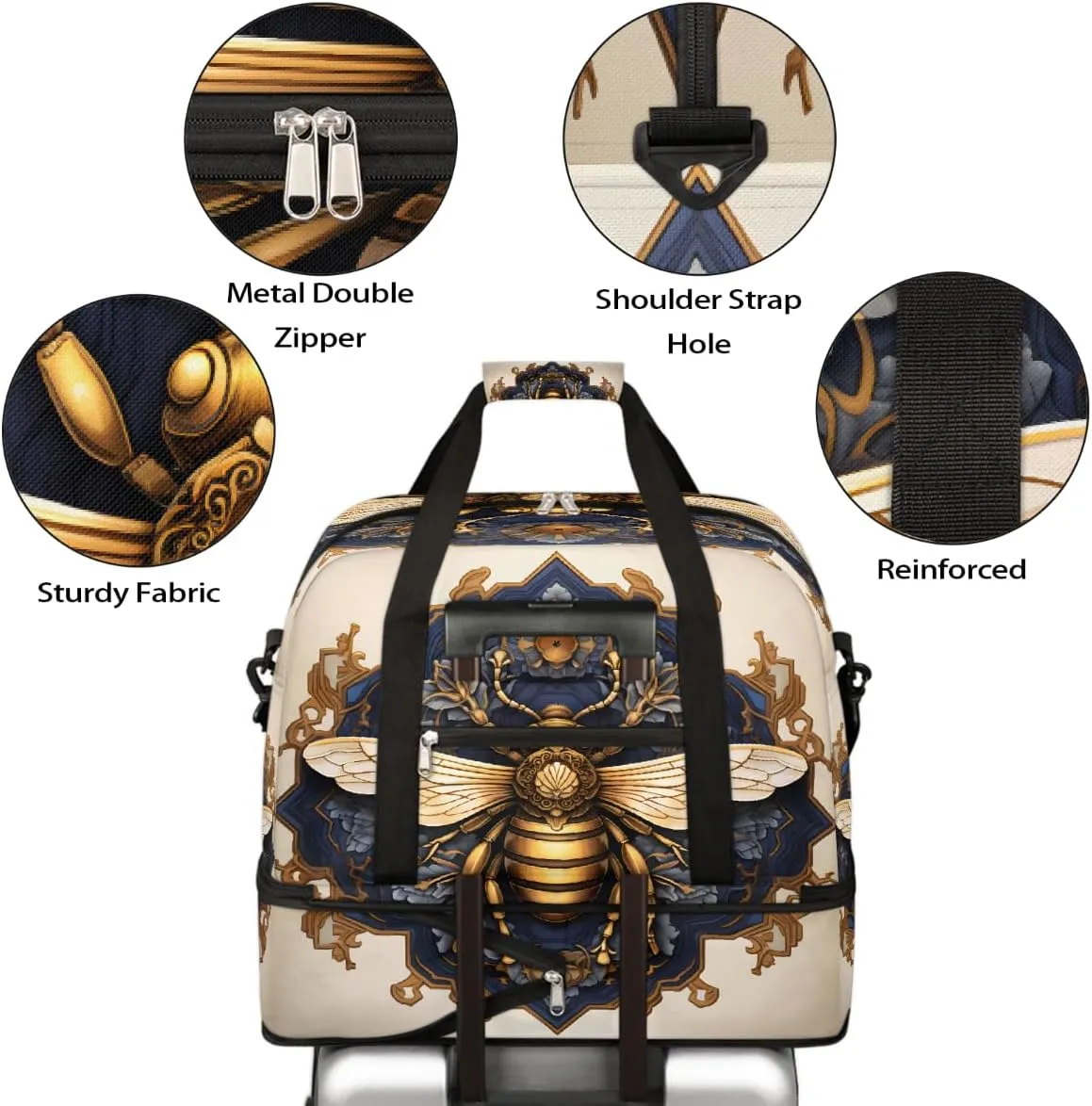 Sports Gym Bag Retro Bee Flower Large Travel Duffel Bag With Shoe Compartment Foldable Waterproof Carry-On Weekend Travel Bags for Camping Overnight Yoga Hospital Travel Bags