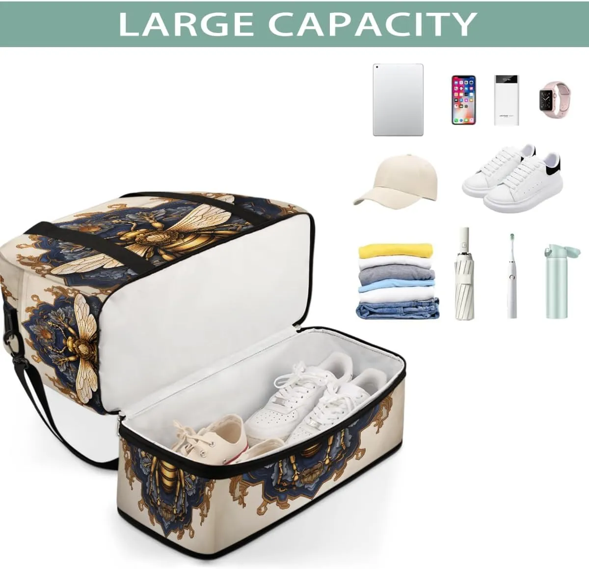Sports Gym Bag Retro Bee Flower Large Travel Duffel Bag With Shoe Compartment Foldable Waterproof Carry-On Weekend Travel Bags for Camping Overnight Yoga Hospital Travel Bags