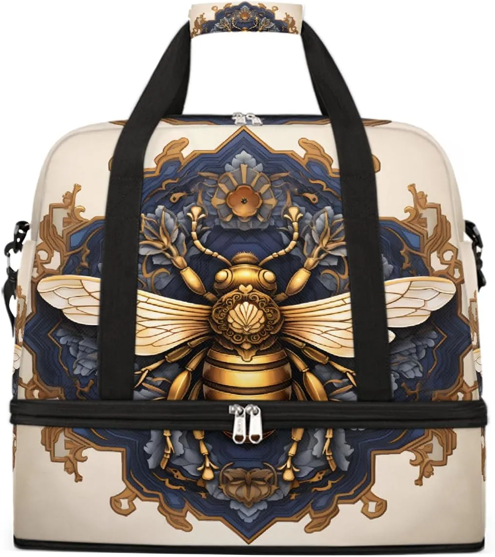 Sports Gym Bag Retro Bee Flower Large Travel Duffel Bag With Shoe Compartment Foldable Waterproof Carry-On Weekend Travel Bags for Camping Overnight Yoga Hospital Travel Bags