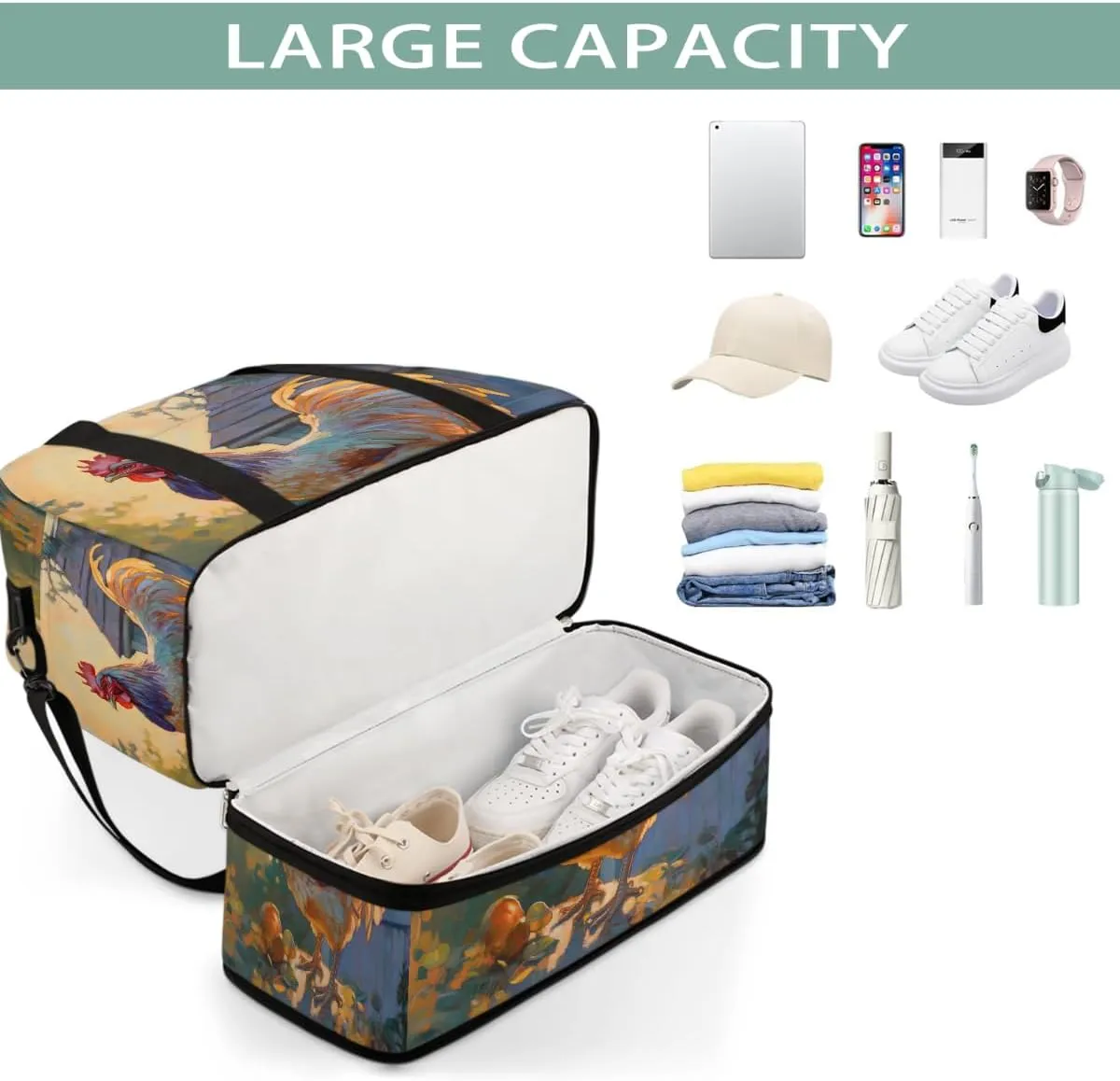 Sports Gym Bag Rooster Pastoral Animal Large Travel Duffel Bag With Shoe Compartment Foldable Waterproof Carry-On Weekend Travel Bags for Camping Overnight Yoga Hospital Travel Bags