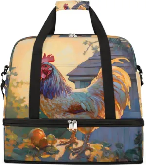 Sports Gym Bag Rooster Pastoral Animal Large Travel Duffel Bag With Shoe Compartment Foldable Waterproof Carry-On Weekend Travel Bags for Camping Overnight Yoga Hospital Travel Bags