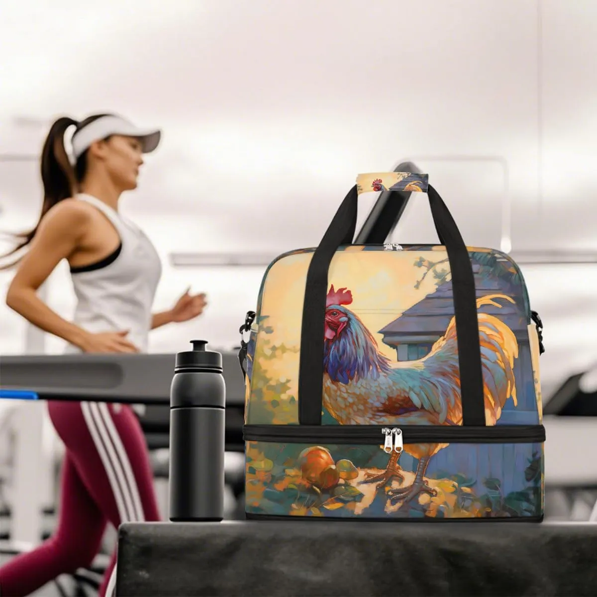 Sports Gym Bag Rooster Pastoral Animal Large Travel Duffel Bag With Shoe Compartment Foldable Waterproof Carry-On Weekend Travel Bags for Camping Overnight Yoga Hospital Travel Bags