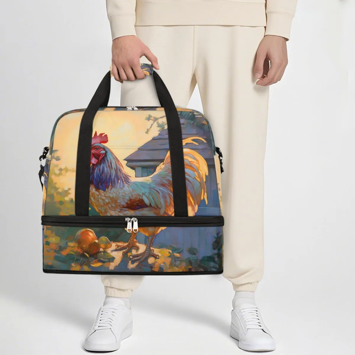 Sports Gym Bag Rooster Pastoral Animal Large Travel Duffel Bag With Shoe Compartment Foldable Waterproof Carry-On Weekend Travel Bags for Camping Overnight Yoga Hospital Travel Bags