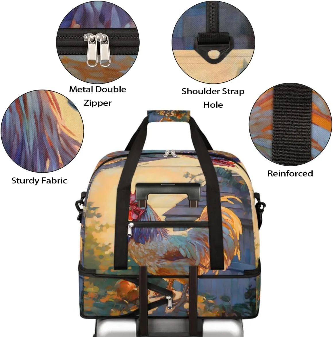 Sports Gym Bag Rooster Pastoral Animal Large Travel Duffel Bag With Shoe Compartment Foldable Waterproof Carry-On Weekend Travel Bags for Camping Overnight Yoga Hospital Travel Bags