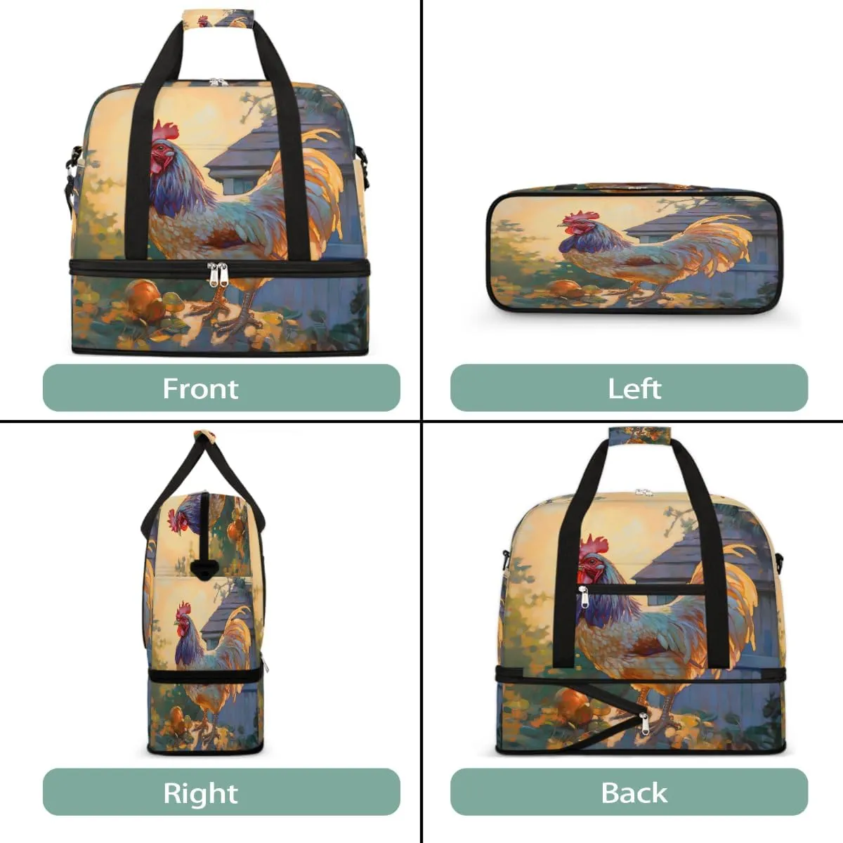 Sports Gym Bag Rooster Pastoral Animal Large Travel Duffel Bag With Shoe Compartment Foldable Waterproof Carry-On Weekend Travel Bags for Camping Overnight Yoga Hospital Travel Bags