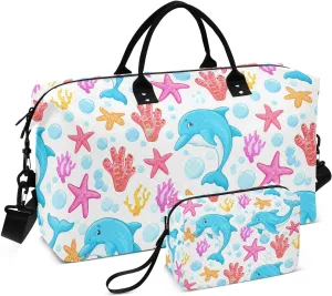 Starfish Dolphins White Sports Gym Bag for Women Men Travel Duffel Bag Weekend Overnight Carry on Bag with Toiletry Bag Air Travel Bag for Yoga Workout Swimming Hospital Plane