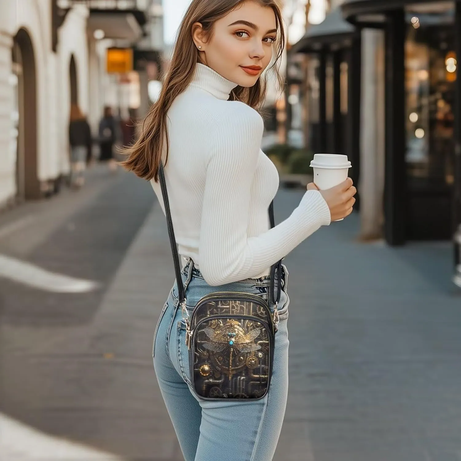Steampunk Small Crossbody Bags for Women, Retro Mechanical Style Cell Phone Holder, PU Leather Zip Shoulder Bag
