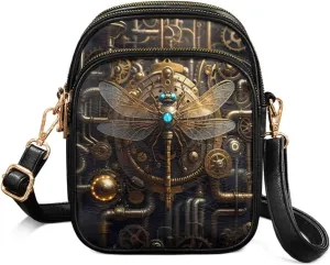Steampunk Small Crossbody Bags for Women, Retro Mechanical Style Cell Phone Holder, PU Leather Zip Shoulder Bag