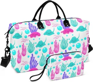 Stingray Seaweed Bubbles White Sports Gym Bag for Women Men Travel Duffel Bag Weekend Overnight Carry on Bag with Toiletry Bag Training Handbag for Swimming Yoga Workout Plane Hospital