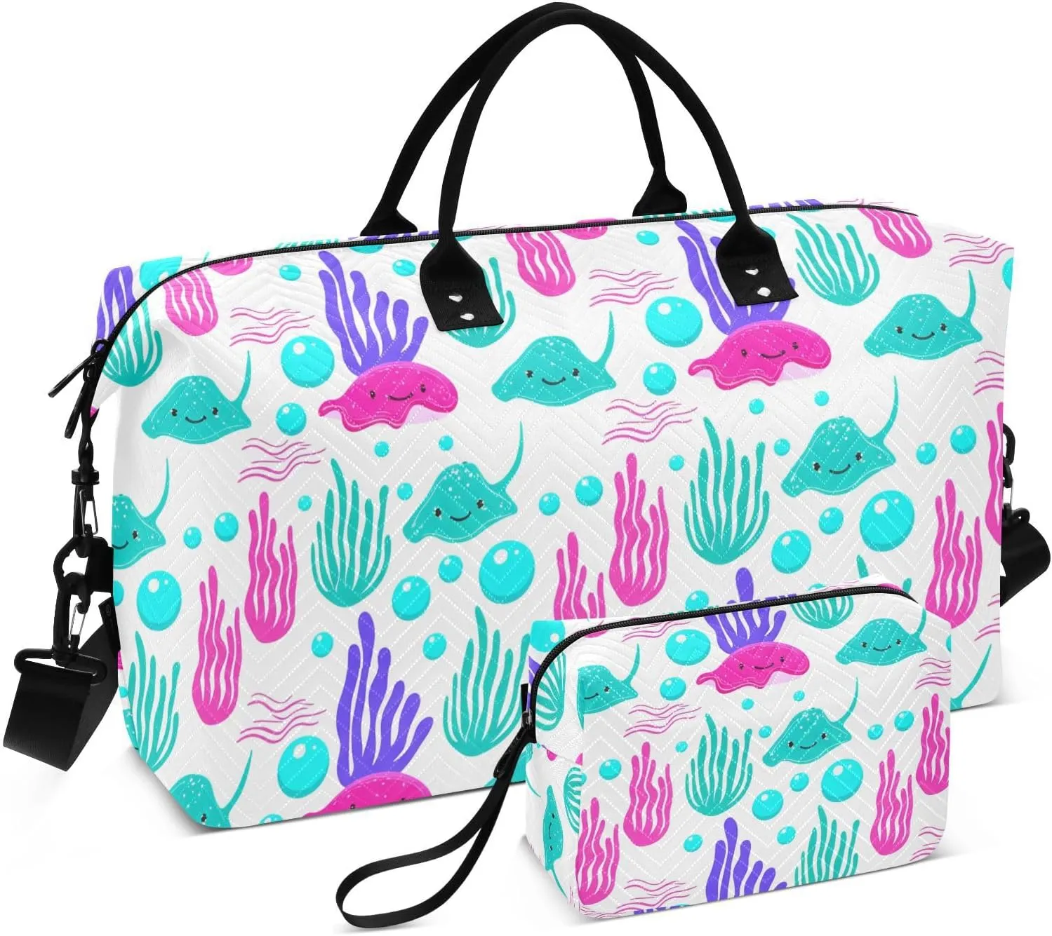 Stingray Seaweed Bubbles White Sports Gym Bag for Women Men Travel Duffel Bag Weekend Overnight Carry on Bag with Toiletry Bag Training Handbag for Swimming Yoga Workout Plane Hospital