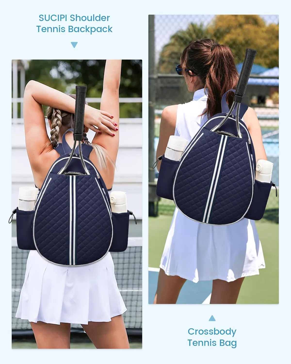 Sucipi Tennis Bag, Quilted Tennis Sling Crossbody Backpack, Water Resistant Tennis Racket Bags for Women Men, Suitable for Pickleball Tennis Badminton