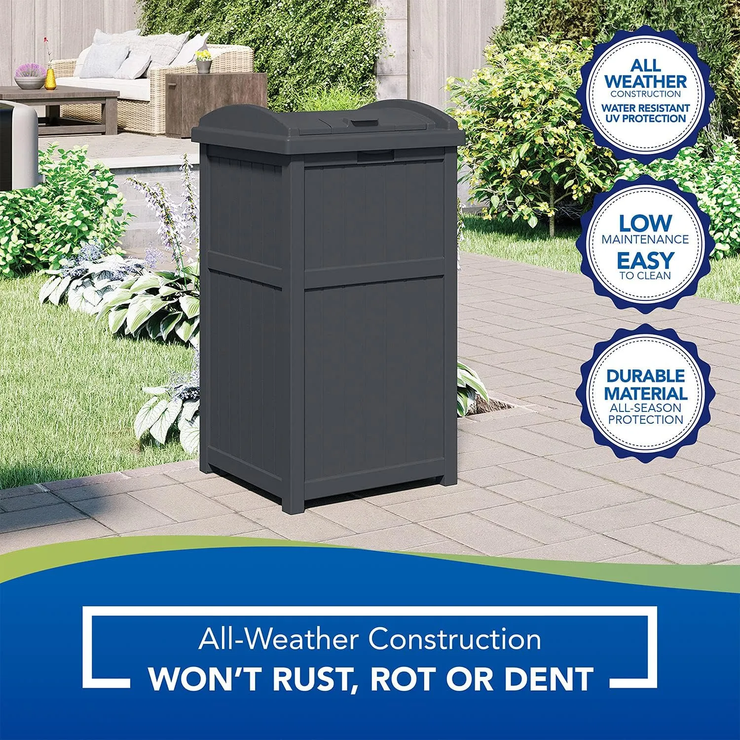 Suncast Outdoor Waste Bin Trash Hideaway Container with Latching Lid, 33 Gallon Capacity