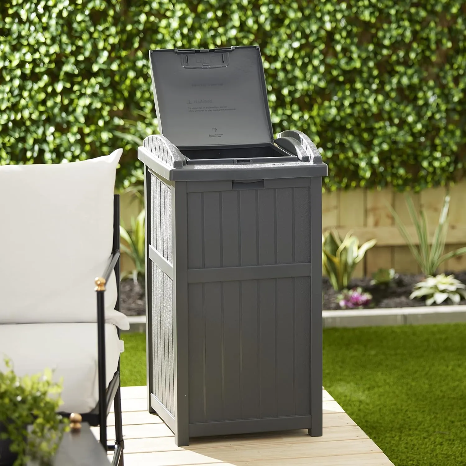 Suncast Outdoor Waste Bin Trash Hideaway Container with Latching Lid, 33 Gallon Capacity