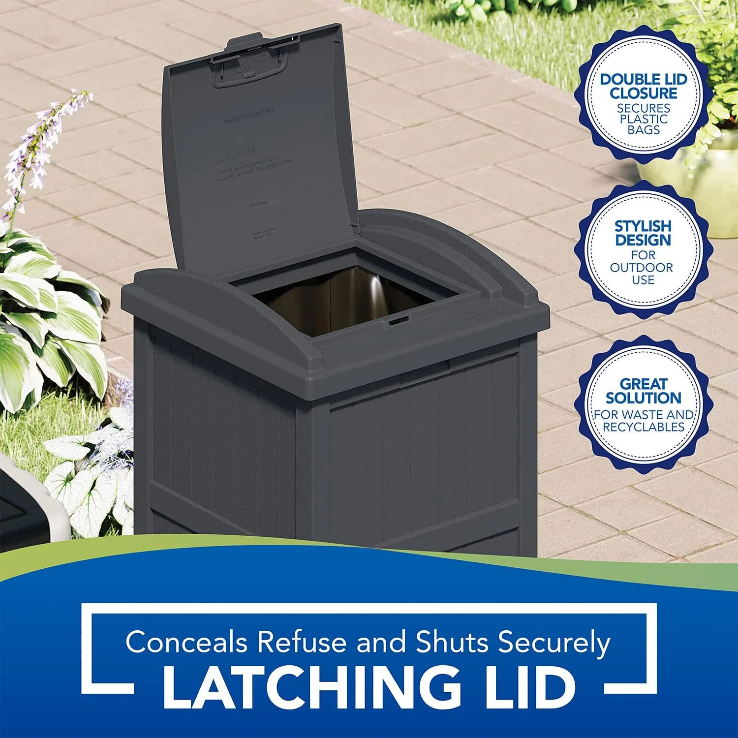 Suncast Outdoor Waste Bin Trash Hideaway Container with Latching Lid, 33 Gallon Capacity