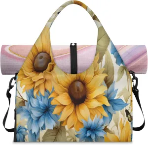 Sunflower Dahlia Art Waterproof Gym Bag for Men Women, Sports Duffel Bag with Shoe Compartment Yoga Mat Holder, Portable Large Travel Bag for Fitness, Camping, Weekend Trips
