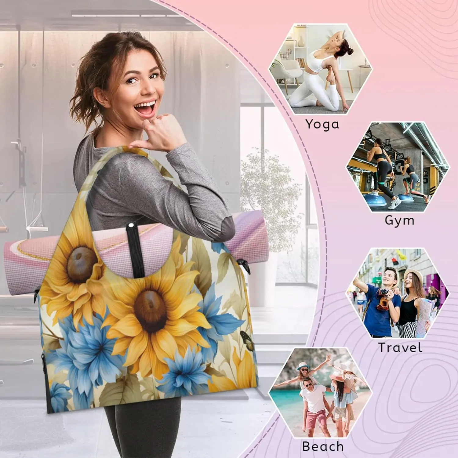 Sunflower Dahlia Art Waterproof Gym Bag for Men Women, Sports Duffel Bag with Shoe Compartment Yoga Mat Holder, Portable Large Travel Bag for Fitness, Camping, Weekend Trips