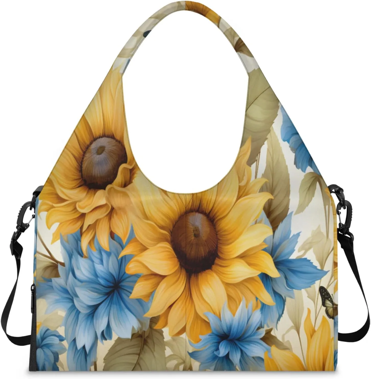 Sunflower Dahlia Art Waterproof Gym Bag for Men Women, Sports Duffel Bag with Shoe Compartment Yoga Mat Holder, Portable Large Travel Bag for Fitness, Camping, Weekend Trips