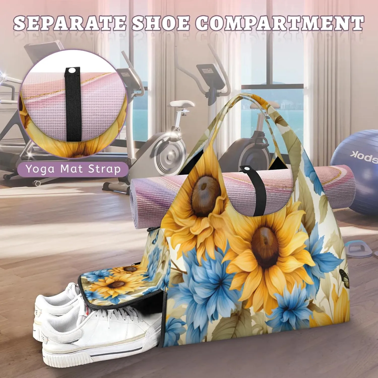 Sunflower Dahlia Art Waterproof Gym Bag for Men Women, Sports Duffel Bag with Shoe Compartment Yoga Mat Holder, Portable Large Travel Bag for Fitness, Camping, Weekend Trips