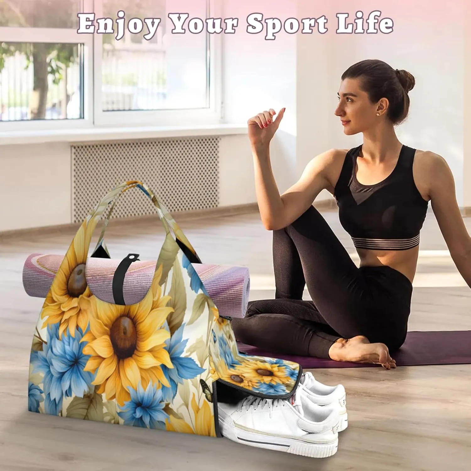 Sunflower Dahlia Art Waterproof Gym Bag for Men Women, Sports Duffel Bag with Shoe Compartment Yoga Mat Holder, Portable Large Travel Bag for Fitness, Camping, Weekend Trips